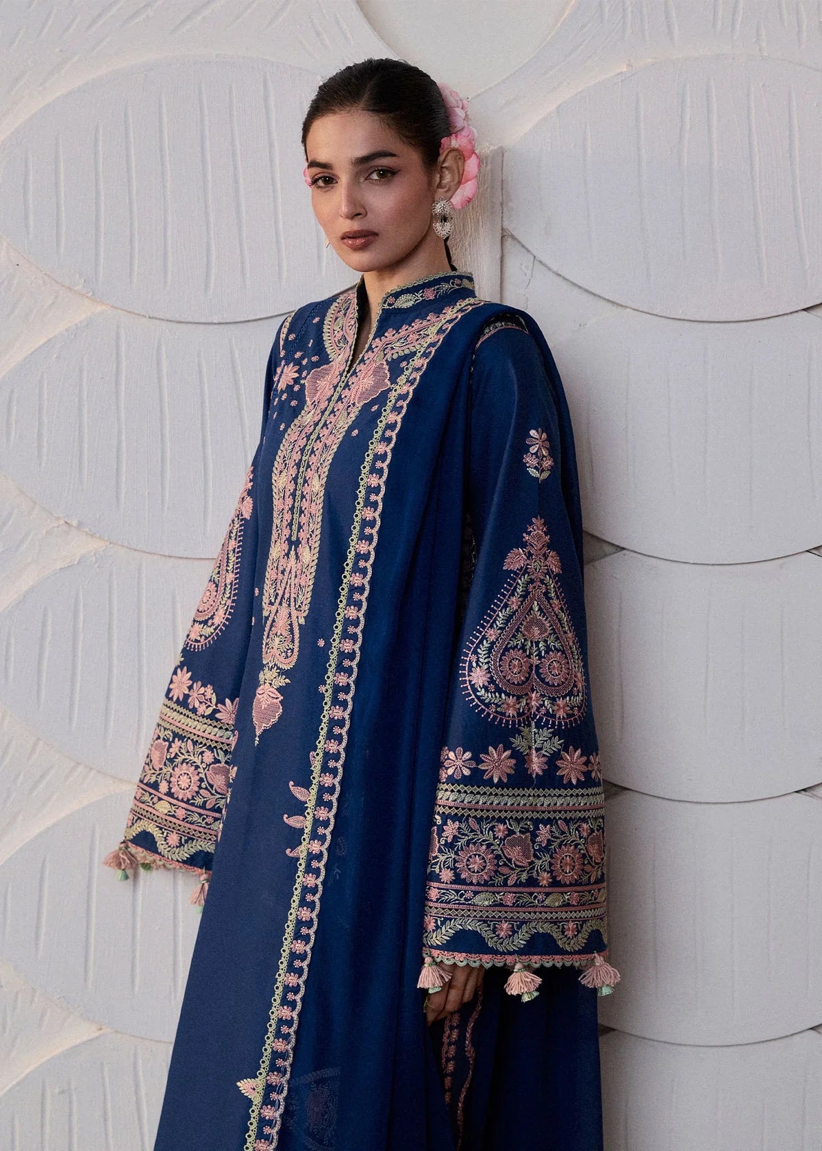 Close-up front portrait focusing on the vibrant multicolor neckline embroidery work, tailored ban collar, and detailed sleeve parameters.