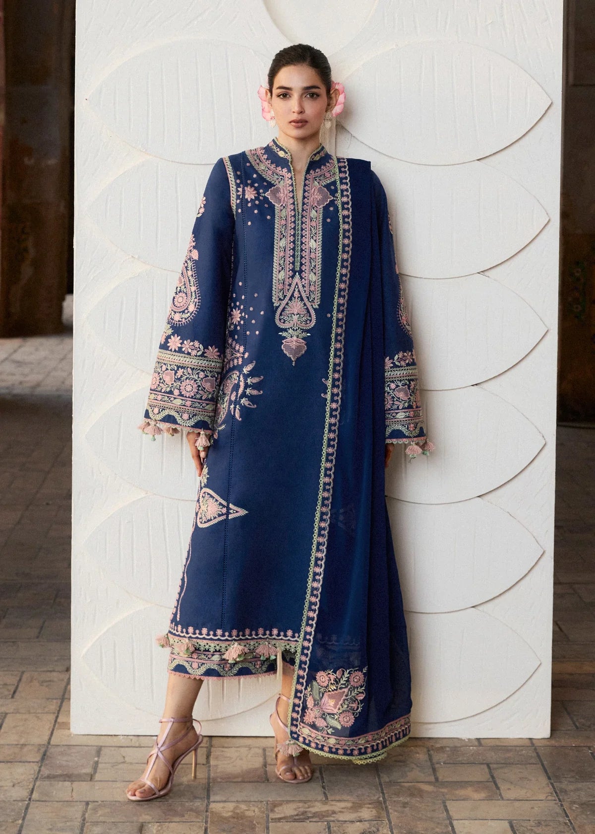 Full-length front studio look of ZAN Spring Summer 2026 unstitched luxury collection design Abi in deep ink blue.