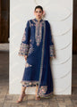 Full-length front studio look of ZAN Spring Summer 2026 unstitched luxury collection design Abi in deep ink blue.