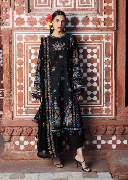 Full studio model shot of ZAN Spring Summer 2026 luxury unstitched collection design Aswa in jet black.