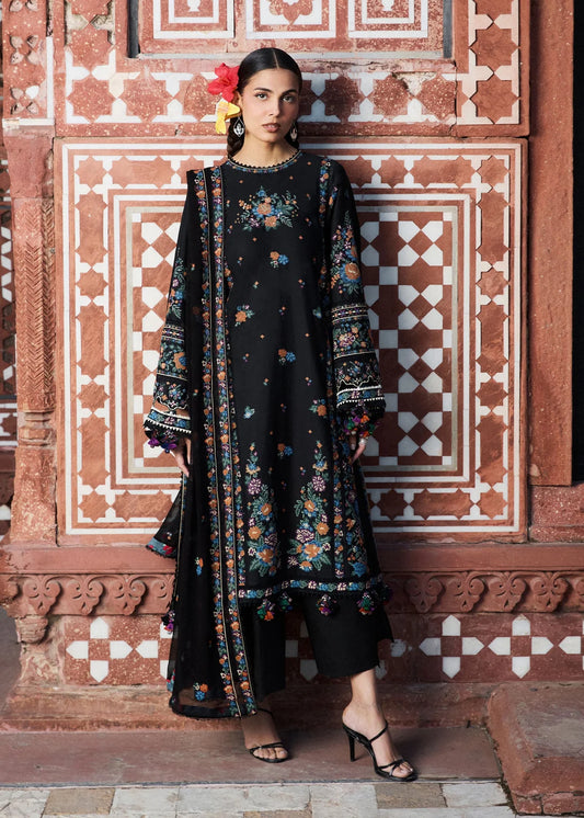 Full studio model shot of ZAN Spring Summer 2026 luxury unstitched collection design Aswa in jet black.