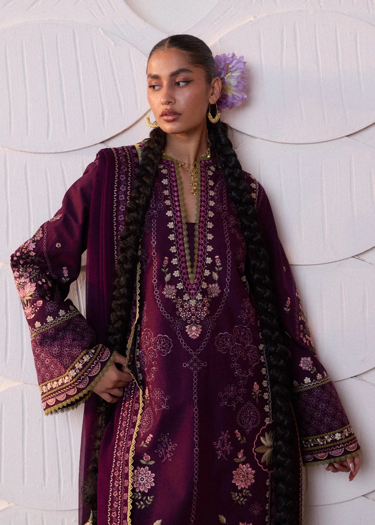 Rear model view showcasing the structural embroidered back panels, tailored layout lines, and flowing plum chiffon dupatta drape.