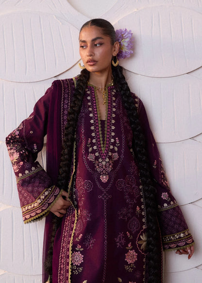 Rear model view showcasing the structural embroidered back panels, tailored layout lines, and flowing plum chiffon dupatta drape.