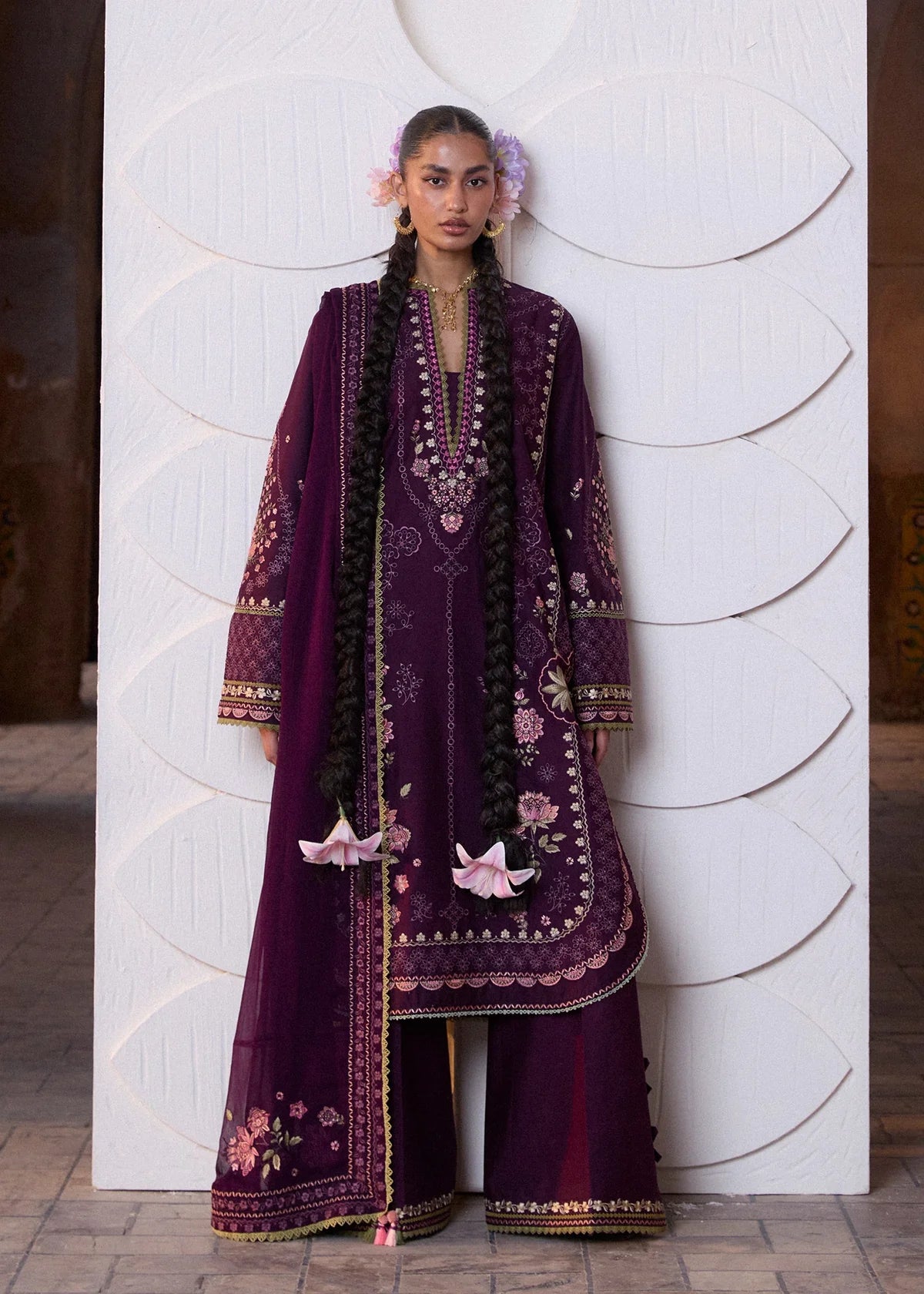 Full-length front studio look of ZAN Spring Summer 2026 unstitched luxury collection design Banafsh in dark plum purple.