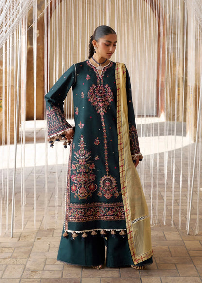 Full-length front studio look of ZAN Spring Summer 2026 unstitched luxury collection design Cinko in deep zinc teal.