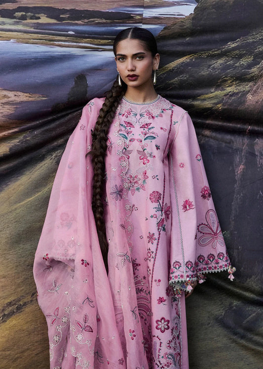 Rear model view showcasing the structural embroidered panels on the back shirt, clean shoulder fall, and sheer organza dupatta backdrop.