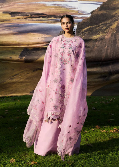 Full-length front studio look of ZAN Spring Summer 2026 unstitched luxury collection design Elfa in soft lavender.