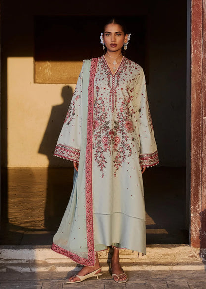 Full-length front view of ZAN Spring Summer 2026 unstitched luxury collection design Firuz in serene aqua blue.