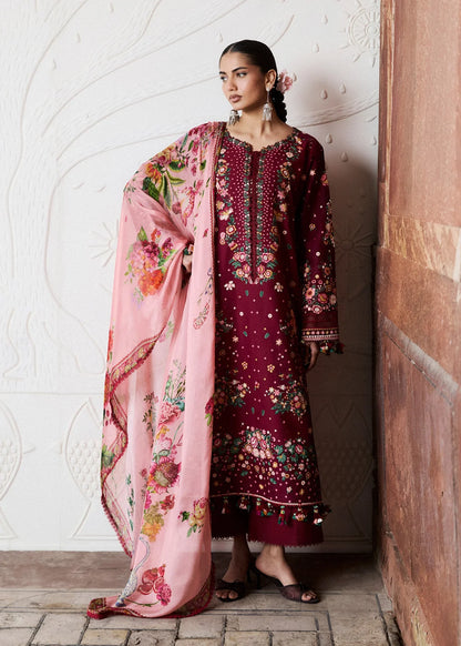 Profile view showcasing the smooth fall of the contrast pastel pink digital printed silk dupatta with floral layouts.