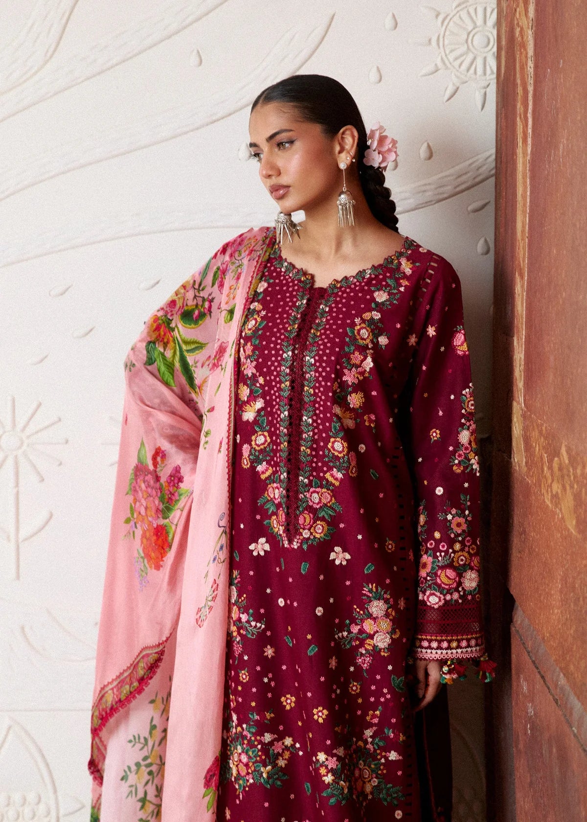 Close-up side view highlighting the intricate star-stitch multi-color floral neckline embroidery patterns.