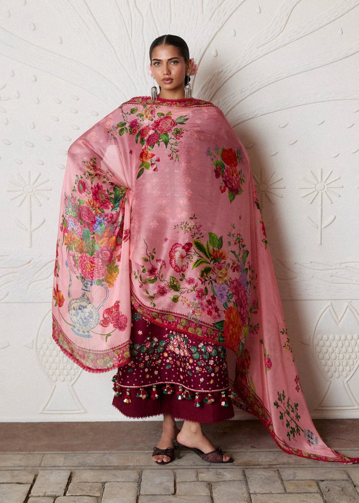 Studio model shot of ZAN Spring Summer 2026 luxury unstitched collection design Kestane featuring full printed pink silk dupatta drape.