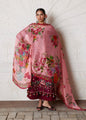 Studio model shot of ZAN Spring Summer 2026 luxury unstitched collection design Kestane featuring full printed pink silk dupatta drape.