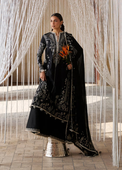 High-resolution close-up portrait focusing on the crisp white geometric and floral neckline embroidery details and sleeve borders on black fabric.
