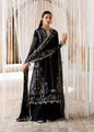 Full-length front studio look of ZAN Spring Summer 2026 unstitched luxury collection design Meshki in jet black.