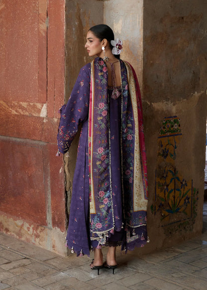 Rear profile view displaying the continuous printed silk dupatta fall and jacquard layout design of the purple shirt back panel.