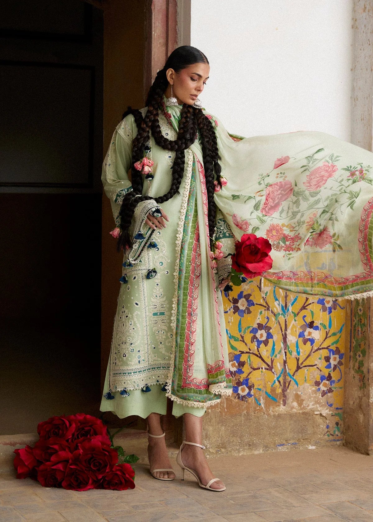 Full-length model presentation showing the movement and scale of the printed chiffon dupatta paired with the long shirt.