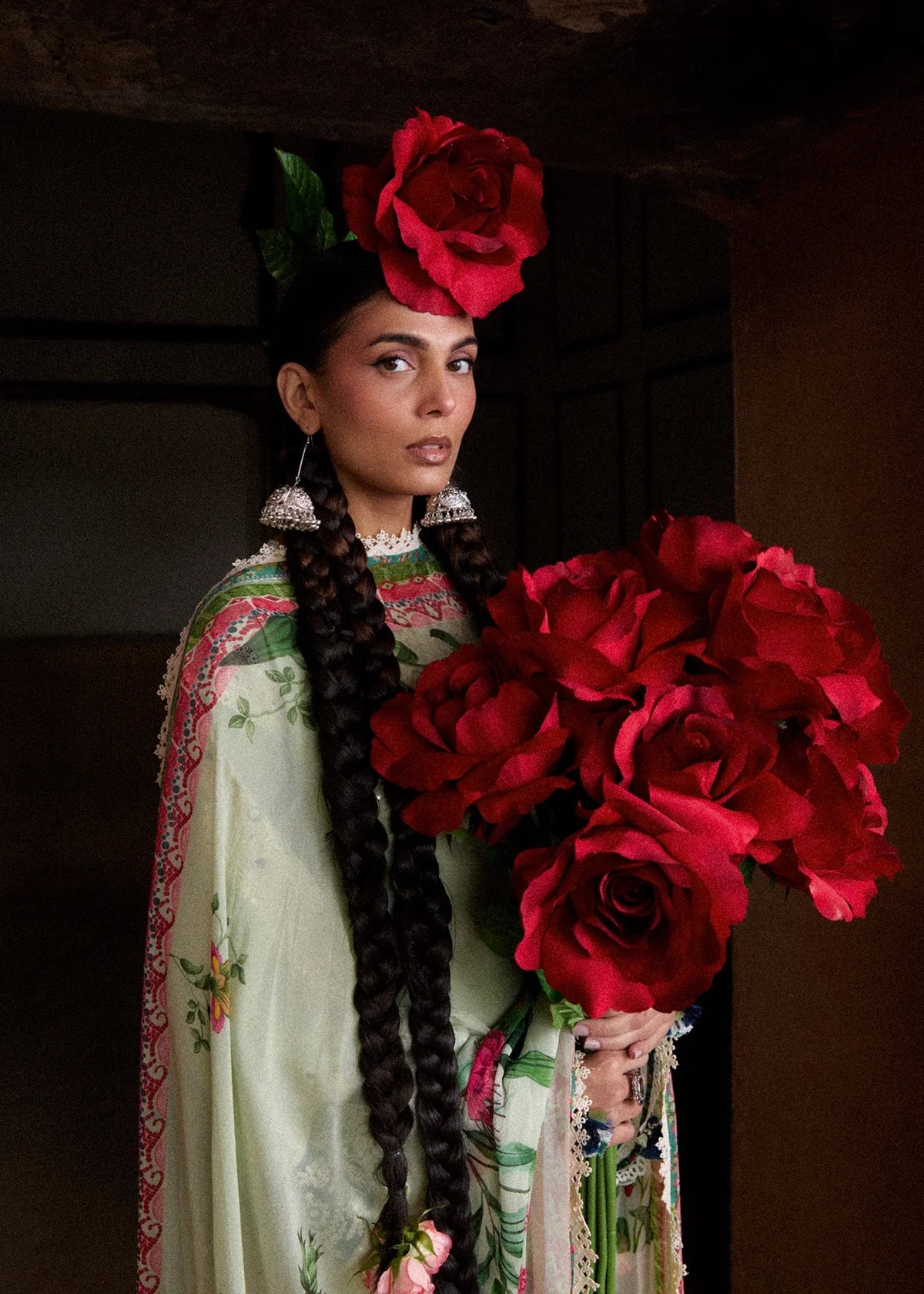 Close-up beauty studio portrait highlighting the lightweight drape of the digital printed mint green chiffon dupatta.