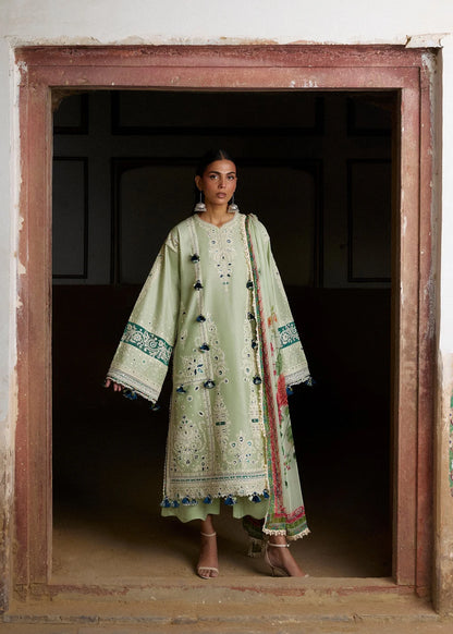 Wide front studio shot focusing on the panel layouts, sleeve embroidery edges, and sheer geometric hem lace detailing.