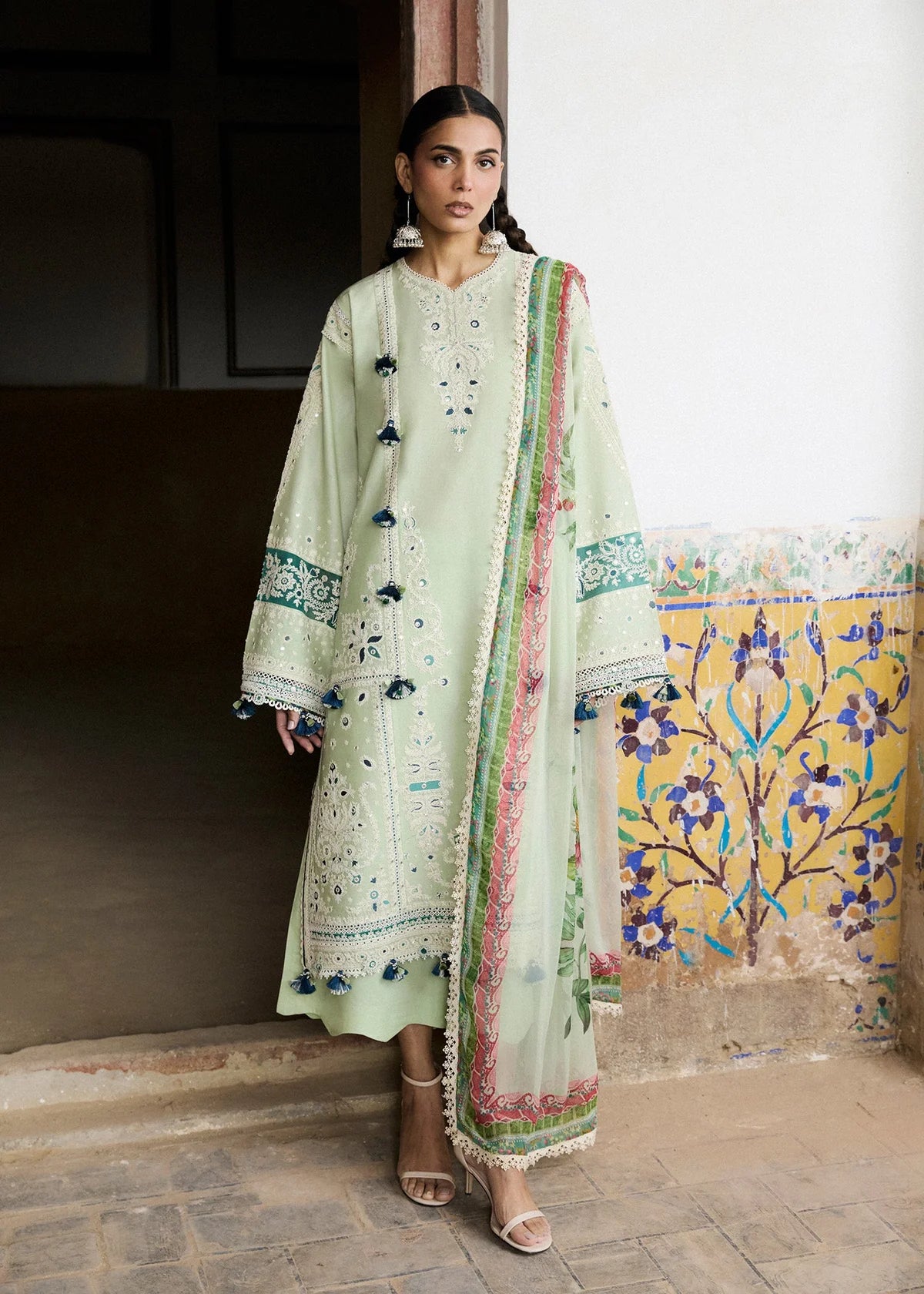 Full-length front look of ZAN Spring Summer 2026 unstitched collection design Nane on model standing in a doorway.