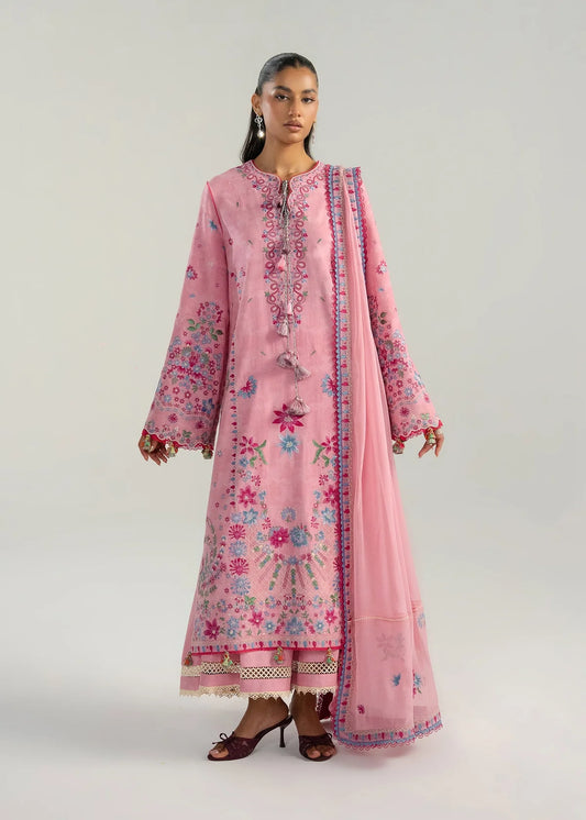Half-length model view displaying the soft fall of the lightweight dyed chiffon dupatta paired with the long jacquard shirt.