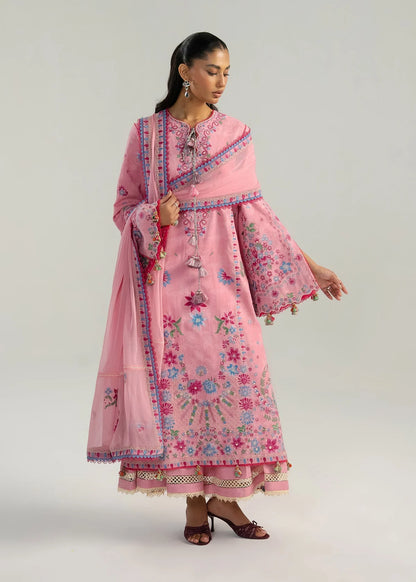 Full-length front studio look of ZAN Spring Summer 2026 unstitched luxury collection design Pembe in baby pink.