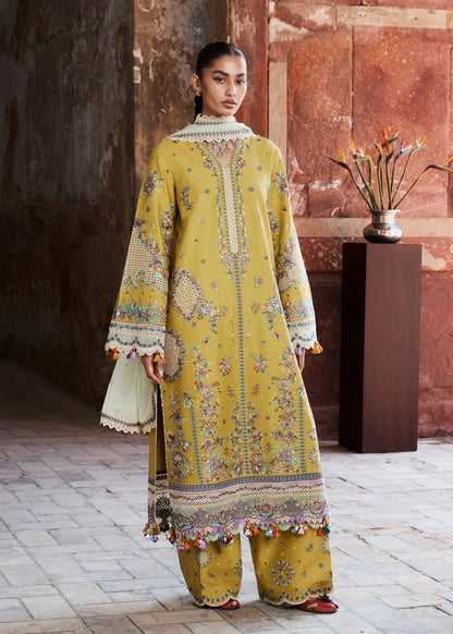 Full-length front studio look of ZAN Spring Summer 2026 unstitched collection design Sari in mustard yellow.