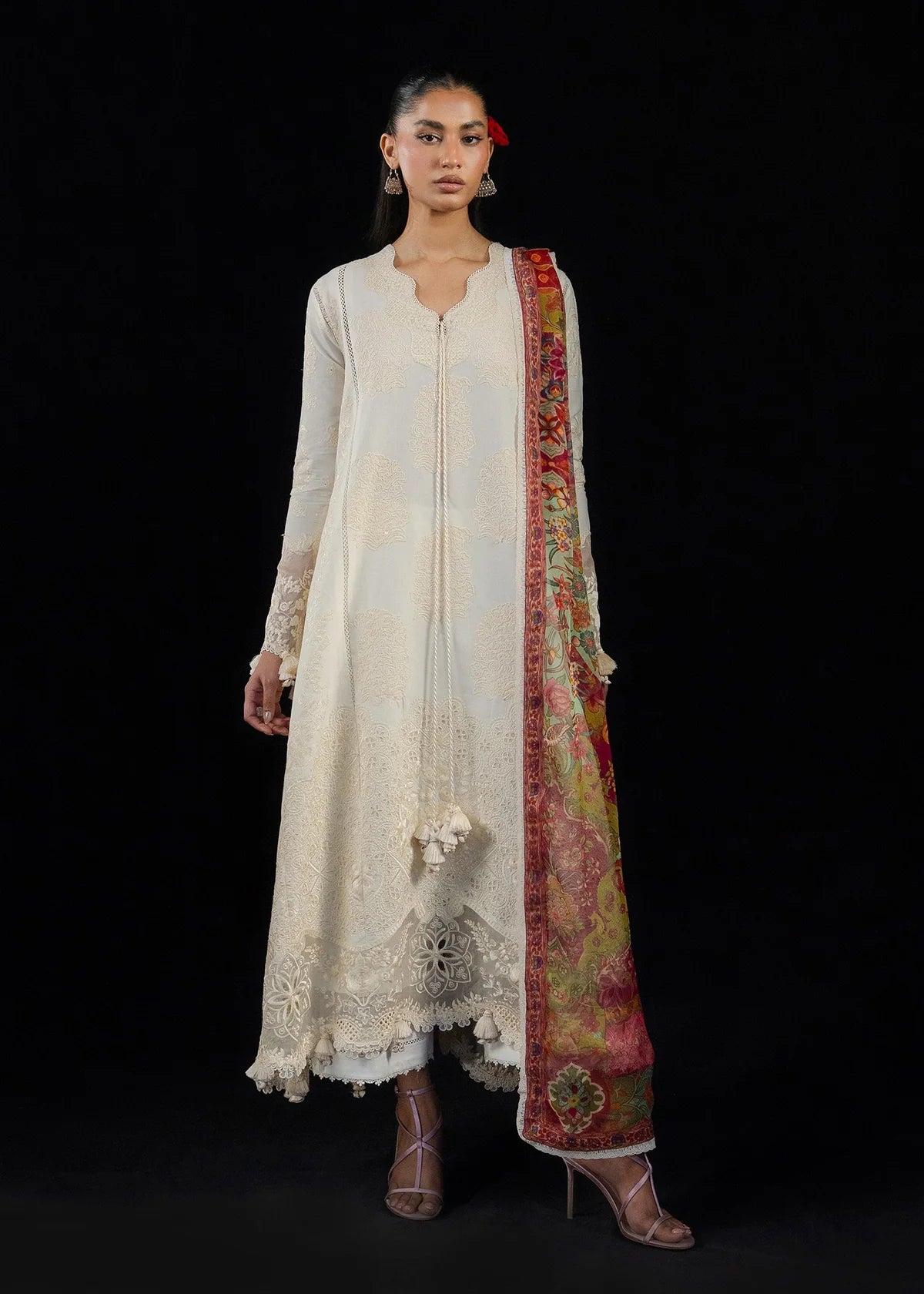 Full-length front look of ZAN Spring Summer 2026 unstitched collection design Sefi showing the flared paneled frock silhouette.