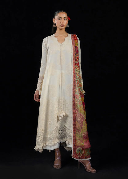 Full-length front look of ZAN Spring Summer 2026 unstitched collection design Sefi showing the flared paneled frock silhouette.