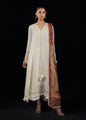 Full-length front look of ZAN Spring Summer 2026 unstitched collection design Sefi showing the flared paneled frock silhouette.