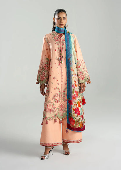 Full-length front studio look of ZAN Spring Summer 2026 unstitched luxury collection design Seftali in light peach.